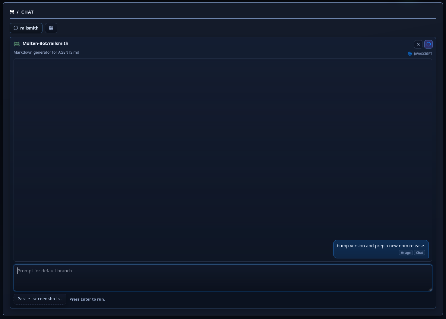 Git chat view showing repository prompts and reusable library tasks