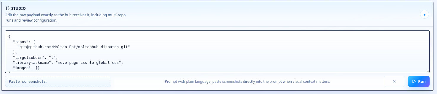 JSON studio view for configuring a prompt-to-PR run with repositories, libraries, screenshots, and review settings
