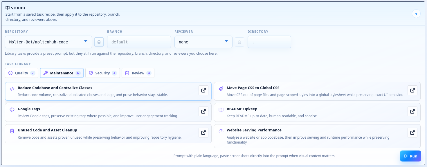 Library view of reusable agent tasks and workflows
