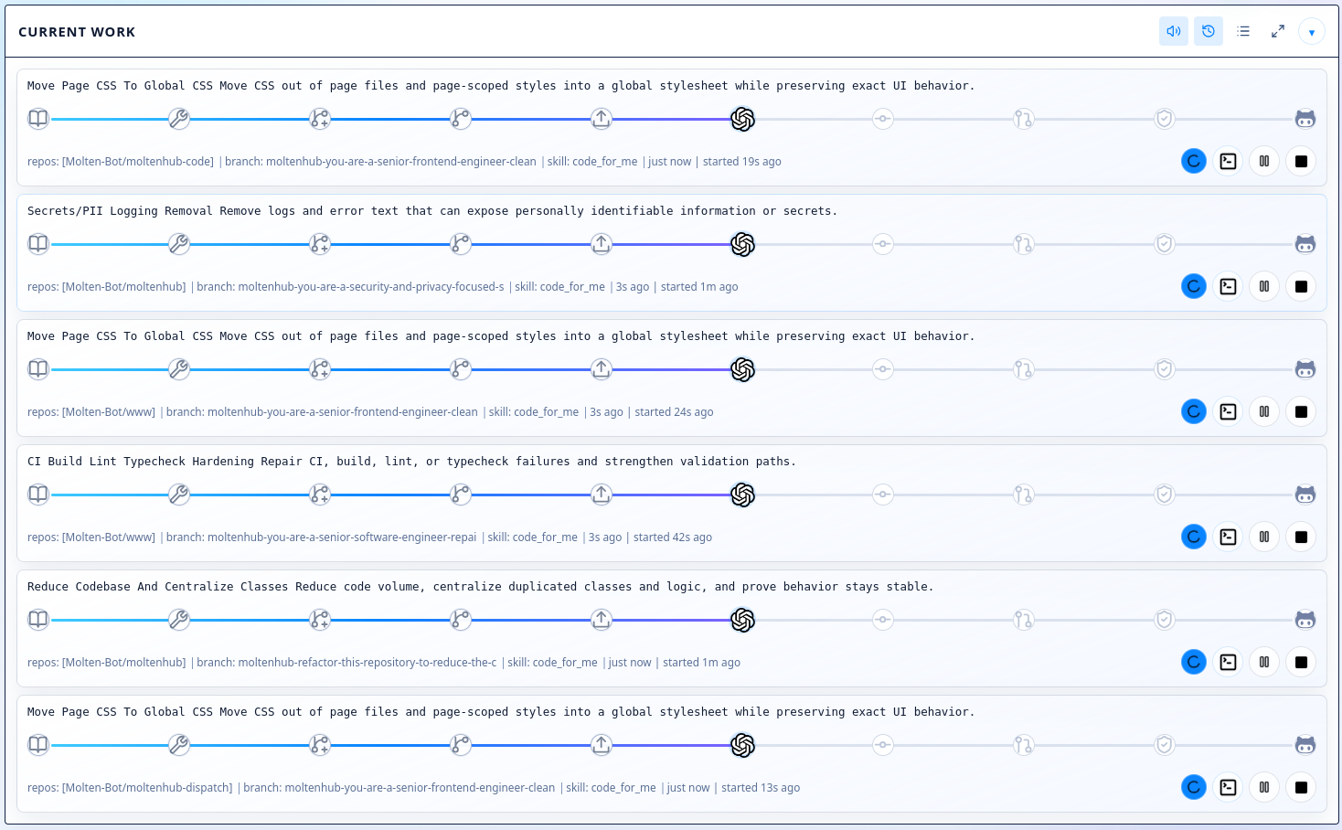 Tasks view showing active agent execution activity